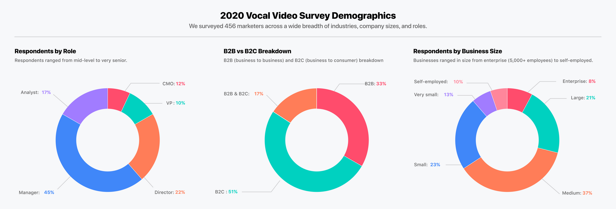 Demographics of 2020 Vocal Video Survey on the Impact of Testimonial Videos on Digital Marketing, respondents by role, b2c vs b2b, and business size