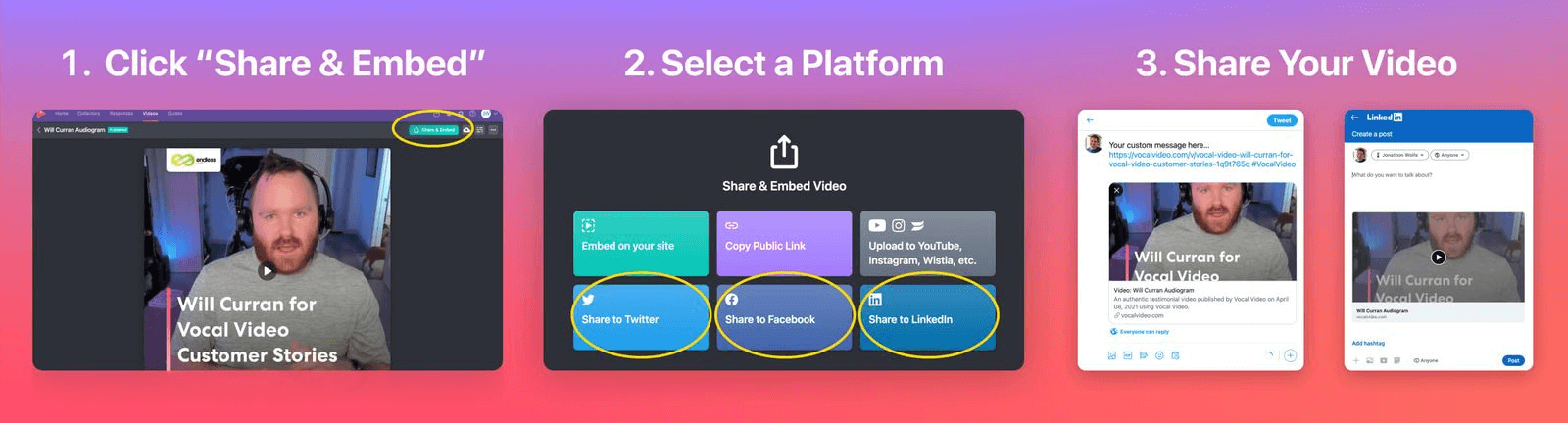 How to Share a Vocal Video Testimonial: Click Share & Embed, Select a Platform, and Share Your Video
