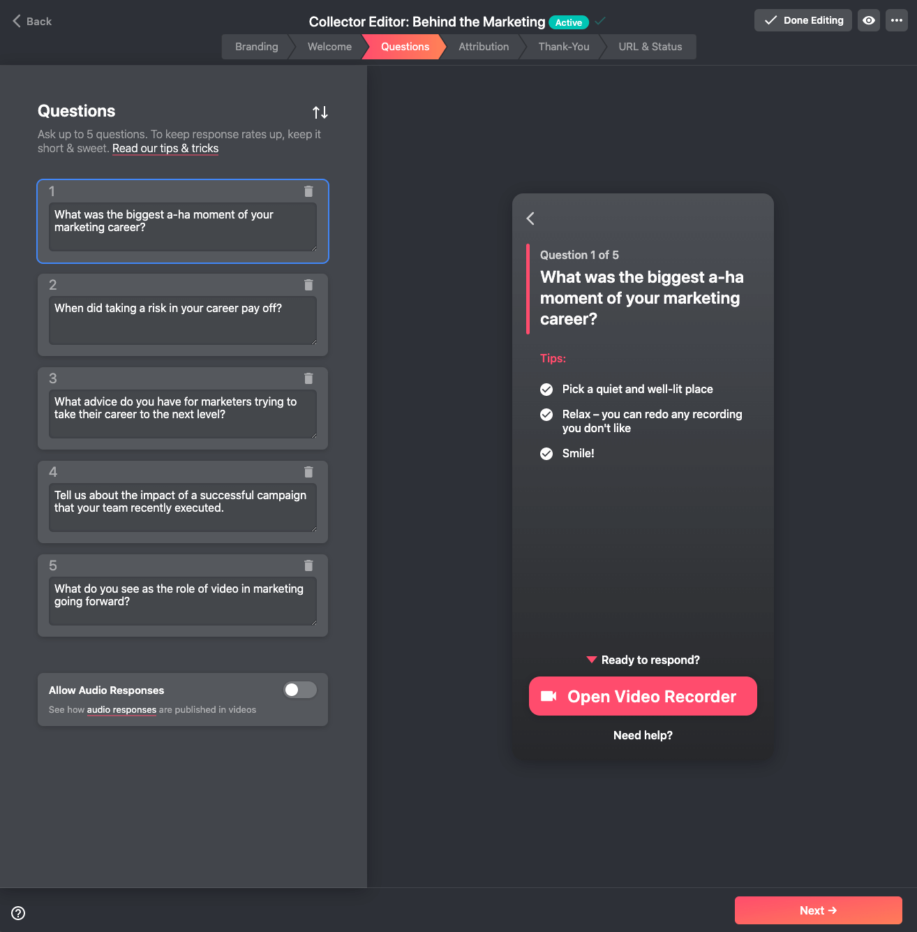Adding and editing questions in the collector editor.